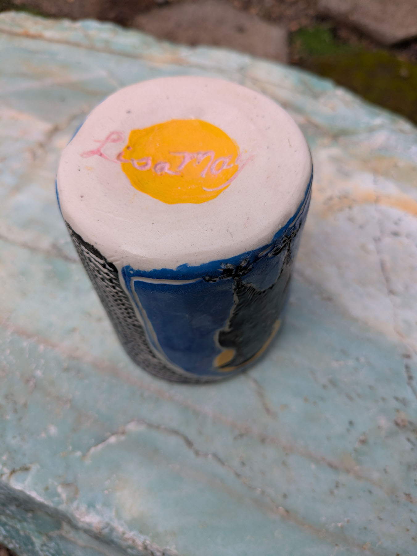 Crow walking mug stripey style, handle view