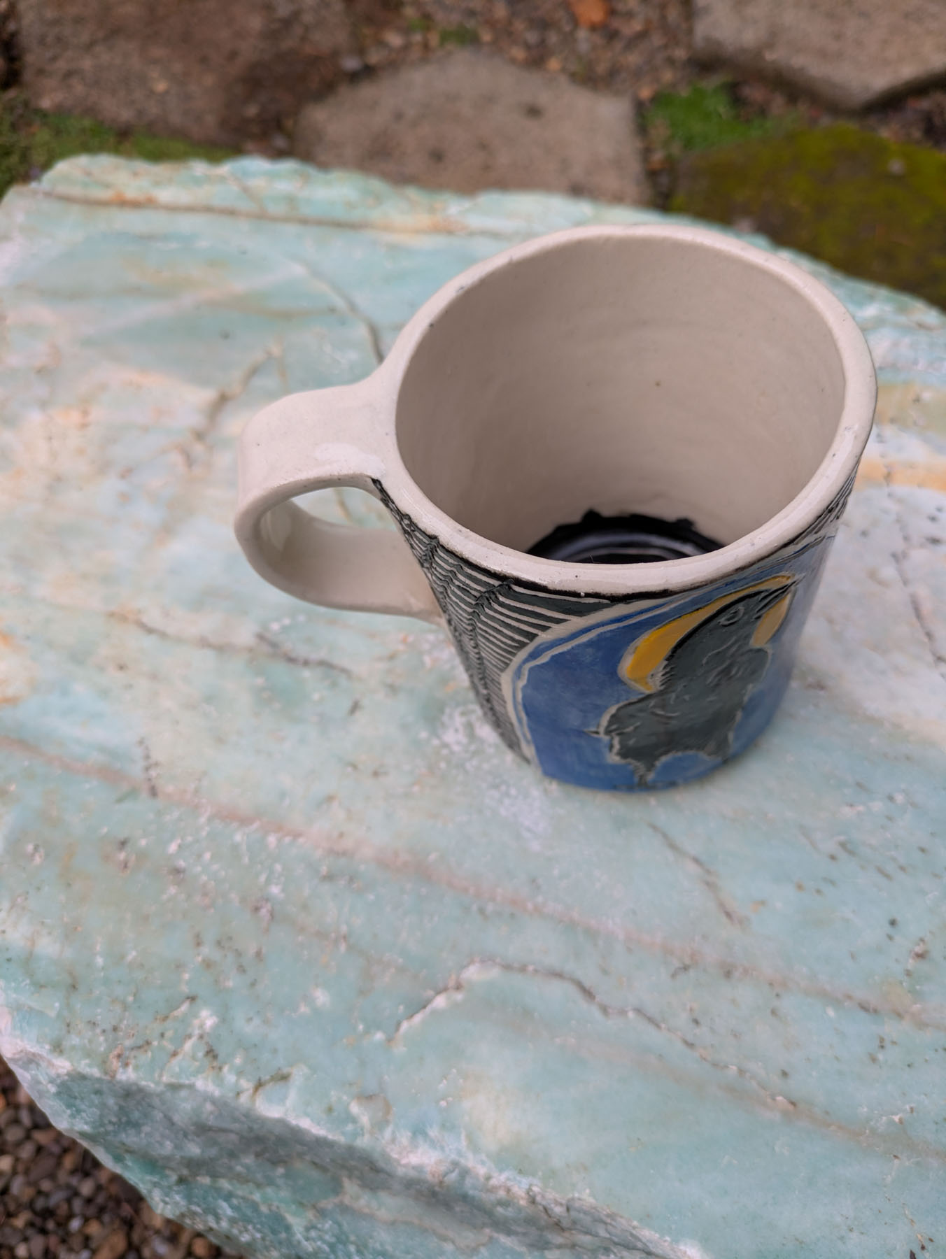 Crow walking mug stripey style, alternate view