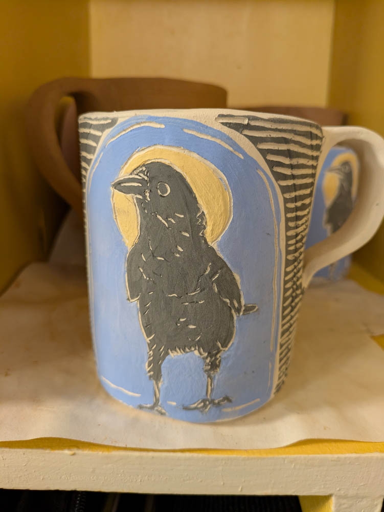Crow walking mug stripey style, process photo