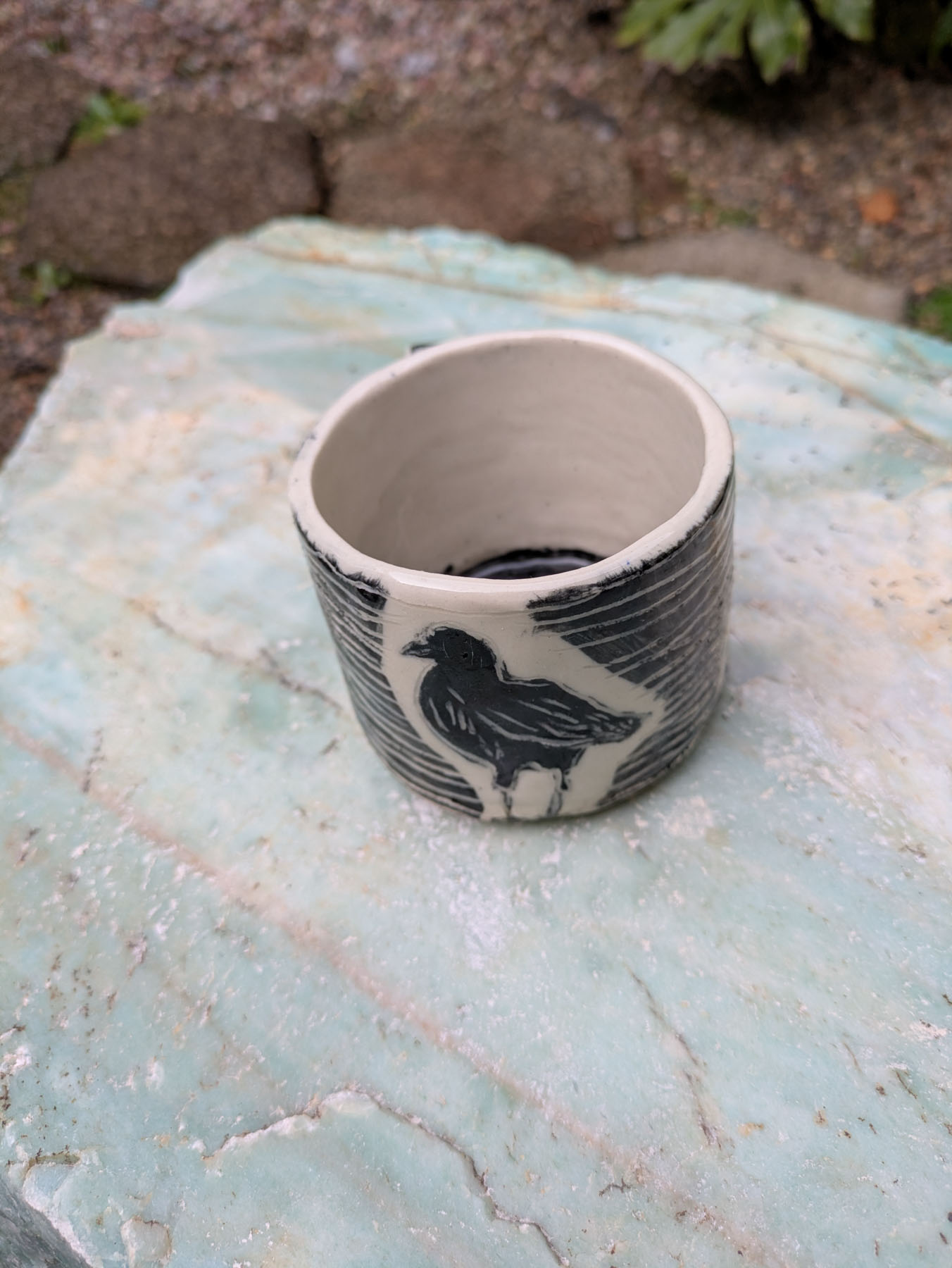 Sketchy crows mug, back view